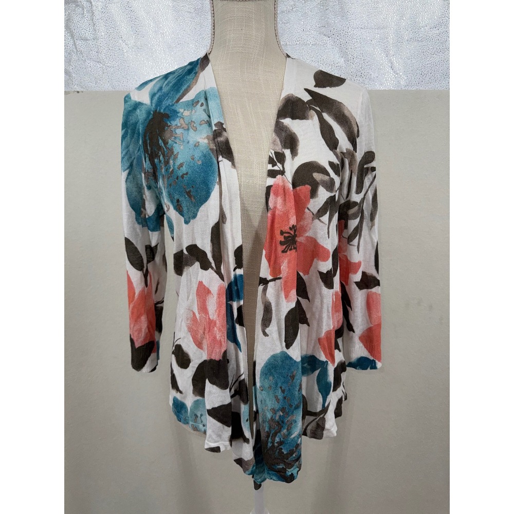 Chicos Open Front Floral Cardigan White Teal Coral Ramie Rayon Size 2 L Large